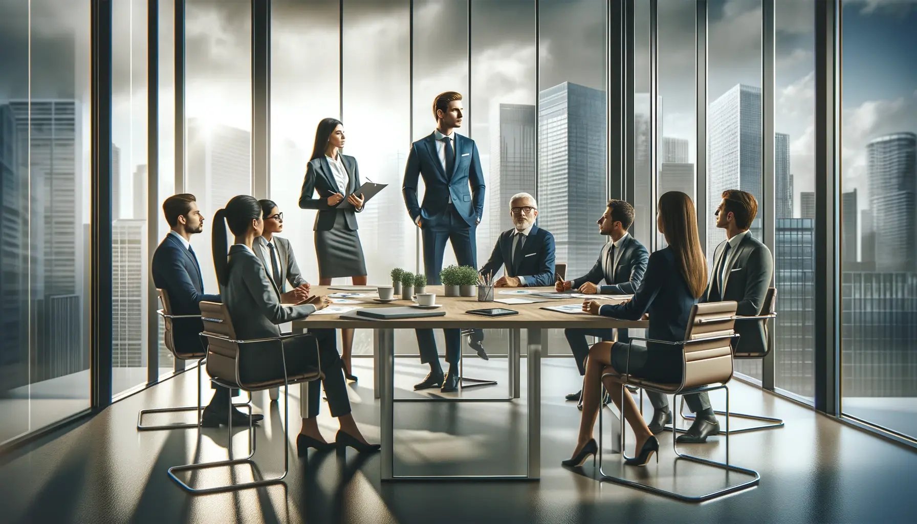 DALL·E 2024-11-02 12.06.54 - A CEO leading a team in a modern office setting. The CEO stands confidently at the head of a meeting table, guiding a diverse group of team members wh